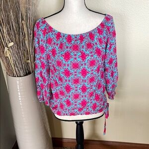 Escapada Freya Pink Tie Front Blouse Top Relaxed Fit Hot Pink & Turquoise Size S